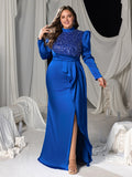 Plus Sequin & Beaded High-Neck Mermaid Gown with Puff Long Sleeves and High Slit