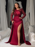 Plus Sequin Long Sleeve V-Neck Formal Dress, Satin Mermaid Train Evening Gown