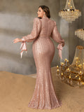 Plus Luxury Sequin Mock Neck Lantern Sleeves Mermaid Hem Formal Dress