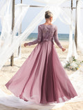 Womens' Gorgeous Mother-of-the-Bride Gown: Embroidered Lace Long Sleeves & Chiffon Skirt – Elegant Beach Wedding Formal Dress with Floral Detailing