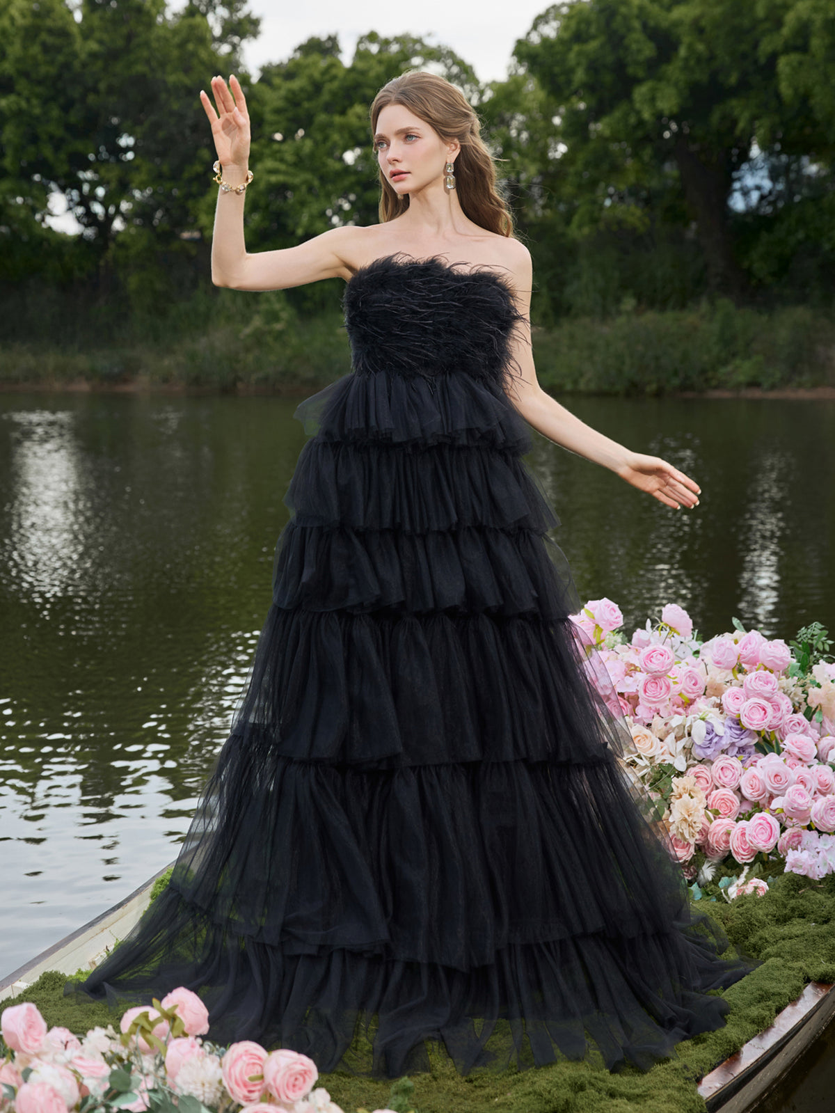 Luxury Feather Bodice Layered Ruffle Tulle Hem Prom Tube Dress