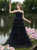Luxury Feather Bodice Layered Ruffle Tulle Hem Prom Tube Dress