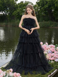 Luxury Feather Bodice Layered Ruffle Tulle Hem Prom Tube Dress