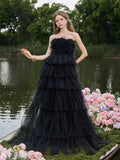 Luxury Feather Bodice Layered Ruffle Tulle Hem Prom Tube Dress
