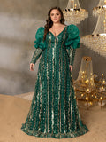 Plus Luxury Plunging Neck Backless Gigot Sleeves Maxi Prom Dress
