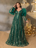 Plus Luxury Plunging Neck Backless Gigot Sleeves Maxi Prom Dress