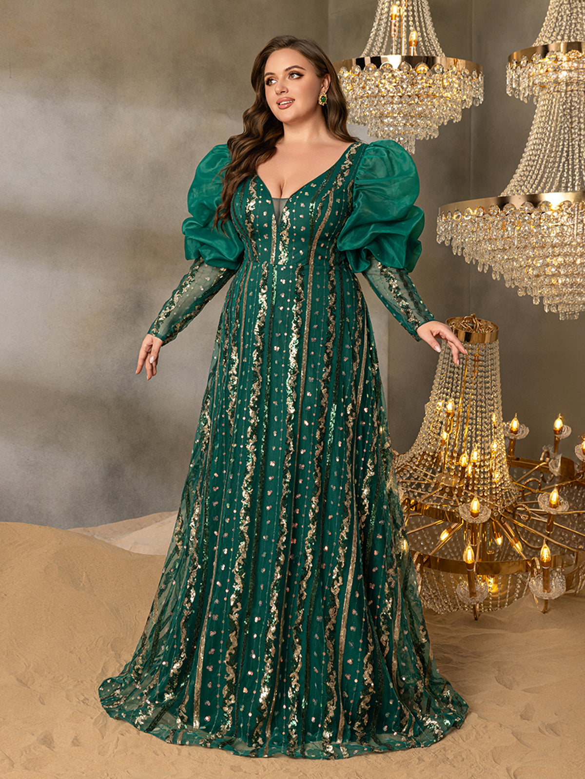 Plus Luxury Plunging Neck Backless Gigot Sleeves Maxi Prom Dress