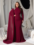 Plus Long-Sleeve High-Neck Mermaid Gown with Rhinestones & Transparent Cape Drape