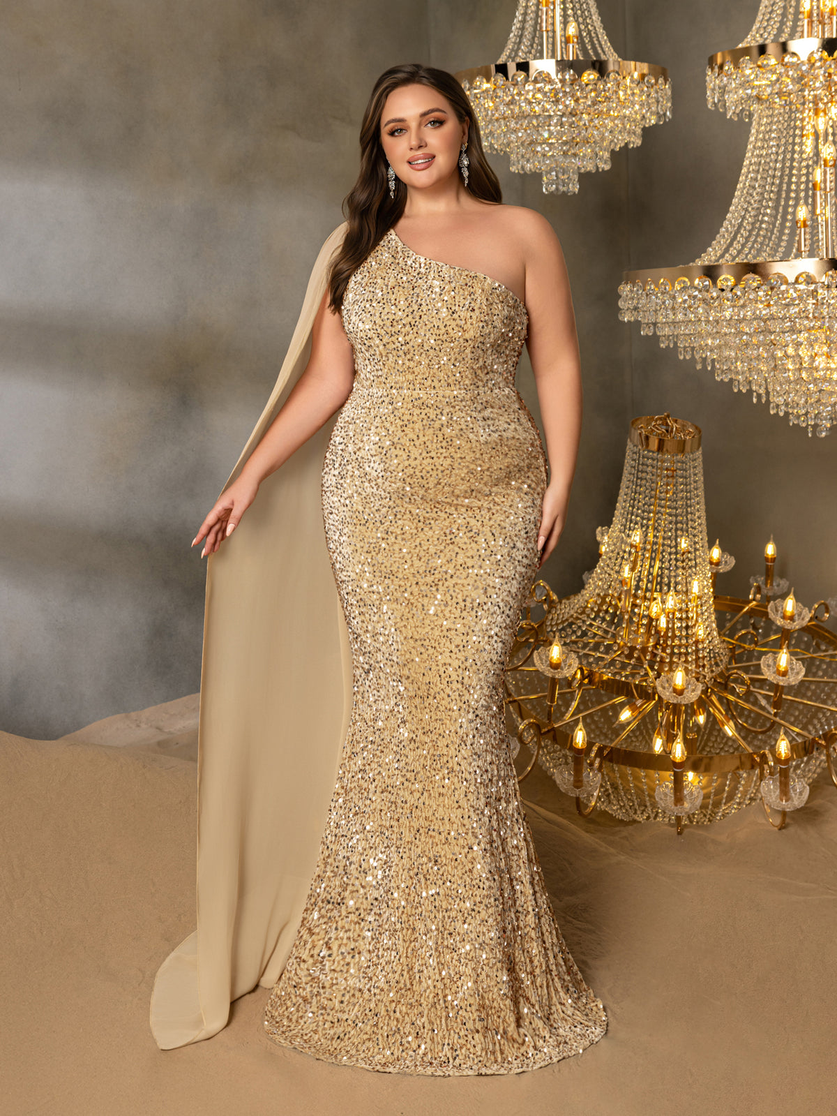 Plus One Shoulder Draped Side Sequin Mermaid Dress