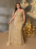 Plus One Shoulder Draped Side Sequin Mermaid Dress