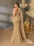 Plus One Shoulder Draped Side Sequin Mermaid Dress