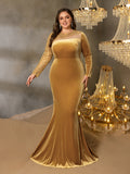 Plus Elegant Asymmetrical Neck Contrast Sequin Mermaid Hem Velvet Evening Dress