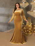 Plus Elegant Asymmetrical Neck Contrast Sequin Mermaid Hem Velvet Evening Dress