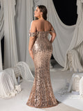 Plus Off Shoulder Mermaid Hem Sequin Evening Dress with Side Slit