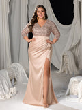 Plus Sequined V-Neck Mermaid Gown with Ruffled Satin Skirt & High Slit