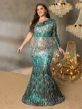 Plus One-Shoulder Geometric Sequin Gown | Long Sleeve Mermaid Dress