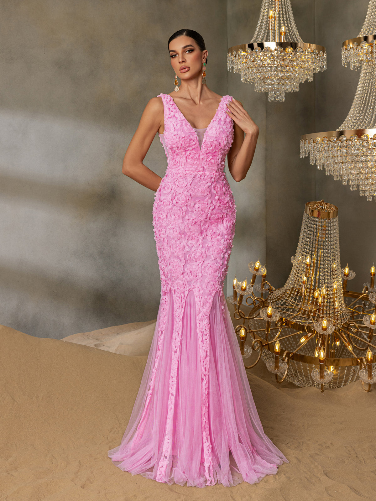 V-Neck Gown with Floral Appliqué Overlay