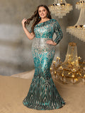 Plus One-Shoulder Geometric Sequin Gown | Long Sleeve Mermaid Dress