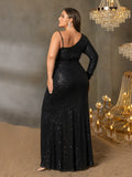 Plus Asymmetrical Neck Ruched Wrap Hem Sequin Dress