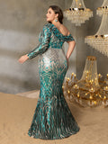 Plus One-Shoulder Geometric Sequin Gown | Long Sleeve Mermaid Dress