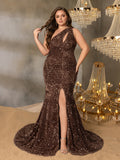 Plus Elegant One Shoulder Split Thigh Sequin Mermaid Hem Evening Dress