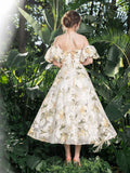 Midi Floral Jacquard Off-Shoulder Gown – Elegant Dress for Garden Galas, Spring Weddings & Formal Events