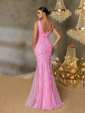 V-Neck Gown with Floral Appliqué Overlay