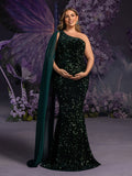 Plus Maternity Sequin Gown with Single-Shoulder Cape & Mermaid Silhouette – Elegant 1XL-5XL Pregnancy Evening Dress