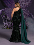 Plus Maternity Sequin Gown with Single-Shoulder Cape & Mermaid Silhouette – Elegant 1XL-5XL Pregnancy Evening Dress