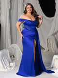 Plus One-Shoulder Mermaid Gown with Sequined Bodice, High Slit & Floor-Length Train