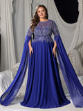 Plus Chiffon Evening Gown with Sequins, Beads & Geometric V-Details, Long Sleeve Cape & Full Flowing Skirt
