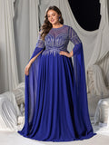 Plus Chiffon Evening Gown with Sequins, Beads & Geometric V-Details, Long Sleeve Cape & Full Flowing Skirt