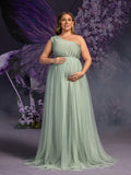 Plus Maternity One-Shoulder Gown with Asymmetrical Tulle Skirt & Sheer Elegance – 1XL-5XL Pregnancy Photoshoot Dress