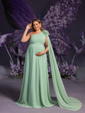 Plus Matenity One-Shoulder Chiffon Gown with Floral Appliqué & Floor-Length Train – Elegant 1XL-5XL Pregnancy Dress