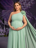 Plus Matenity One-Shoulder Chiffon Gown with Floral Appliqué & Floor-Length Train – Elegant 1XL-5XL Pregnancy Dress