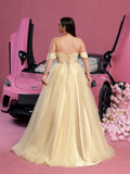 Plus Gorgeous Off Shoulder Beaded Sequin Bodice Split Thigh Tulle Formal Dress