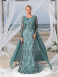 Womens' Elegant Lace Mermaid Gown - Sheer Sleeves & Intricate Lace Patterns with Chiffon Overlay for Beach Weddings, Romantic Coastal Events