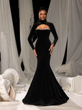 Elegant Velvet High-Neck Mermaid Gown with Chest Cutout, Rhinestone Accents & Floor-Length Train