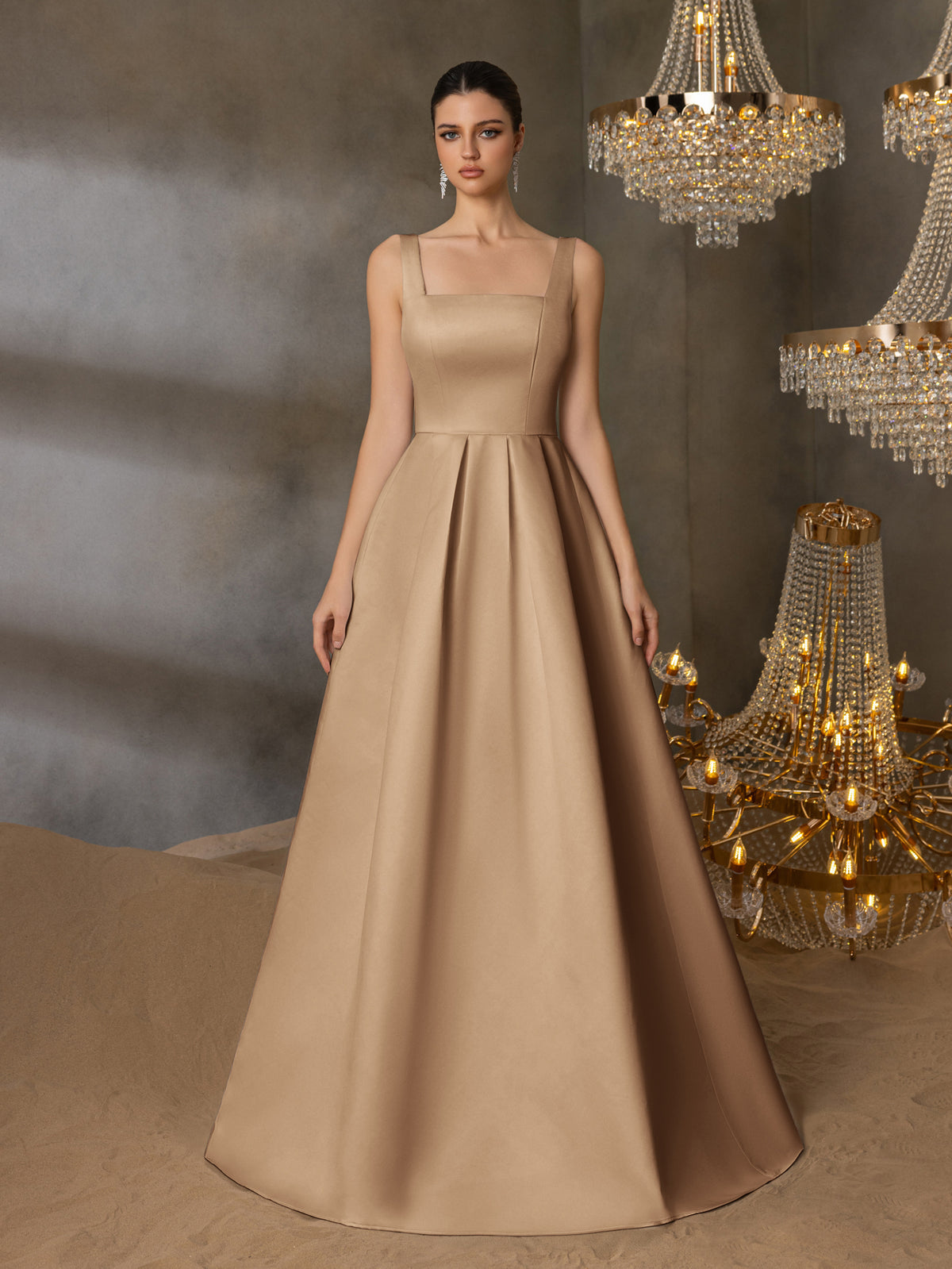 Elegant Square Neck Back Lace Up Satin A Line Dresses