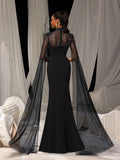 Elegant Sheer Sleeve Mermaid Gown with Rhinestone Capelet | Structured Bodice & Floor-Length Train