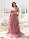 Plus-size Boat Neck Gown with Floral Sequin Embroidered Bodice & Tulle Skirt