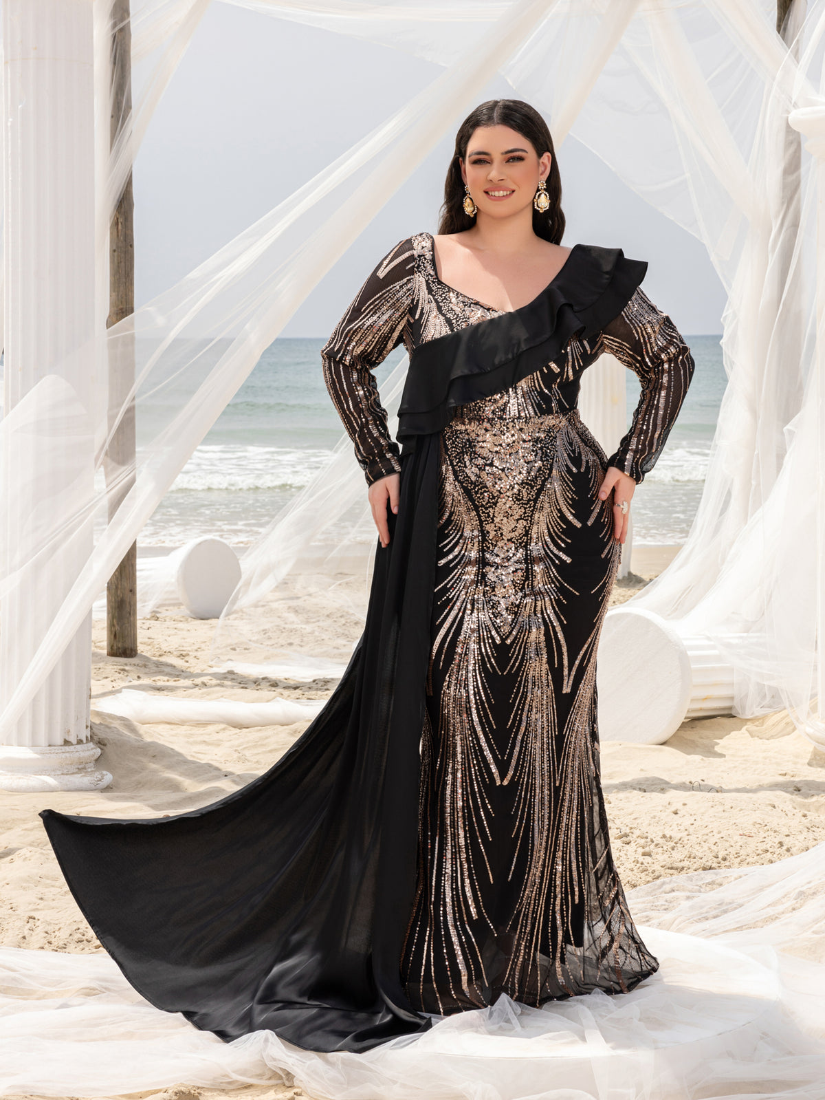 Plus Asymmetrical Ruffle Trim Mermaid Hem Graphic Sequin Formal Dress Evening Dress