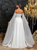 Elegant Off-Shoulder Chiffon Evening Gown | Sequin Bodice with Draped Sleeves and Flowing Skirt