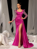 Elegant Satin Evening Gown with Sweetheart Neckline & Sequin Embellished Sleeves – High Slit Mermaid Silhouette for Luxury Weddings or Red Carpet Events, XS-XL