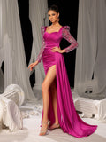 Elegant Satin Evening Gown with Sweetheart Neckline & Sequin Embellished Sleeves – High Slit Mermaid Silhouette for Luxury Weddings or Red Carpet Events, XS-XL