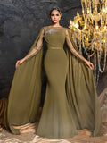 Gorgeous Chiffon Mermaid Evening Dress | Rhinestone Embroidered Bodice with Flowing Cape