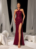 Elegant Sequined Evening Gown with Halter Neckline & Side High Slit – Luxurious Red Carpet Wear for Galas, Parties & Formal Events