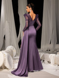 Elegant Evening Gown with Thigh-High Slit & Sequined Sleeves - Idea for Luxury Fashion Shows or Premium Brand Events, XS-XL