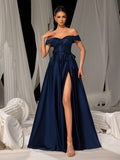Elegant Off-Shoulder Evening Gown with Sequin Embellishments – High Slit Satin Skirt & Back Zipper for Luxury Weddings or Evening Glam, XS-XL