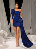 Elegant One-Shoulder Satin Party Dress with Dramatic Puffed Sleeves & Flowing Train for Cocktail Parties or Luxury Brand Events, XS-XL